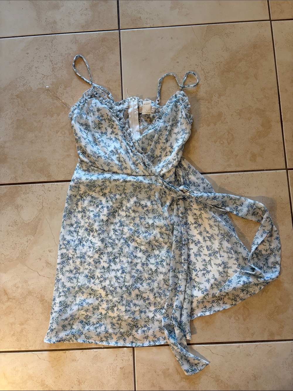 Altar'd State White and Light Blue Floral Mini Wrap Dress
